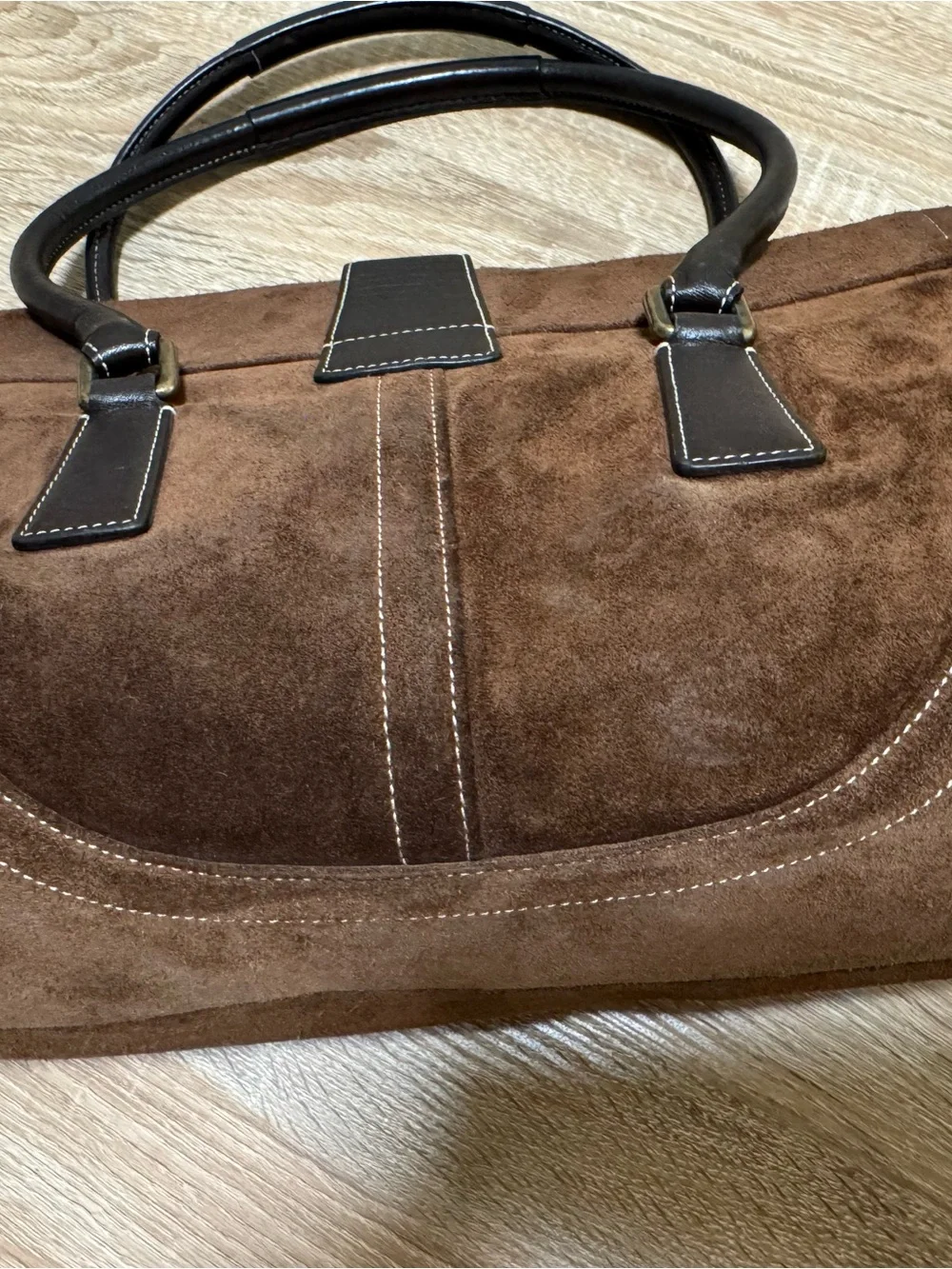Coach Brown Suede Satchel with Dark Brown Leather Trim and Gold Hardware